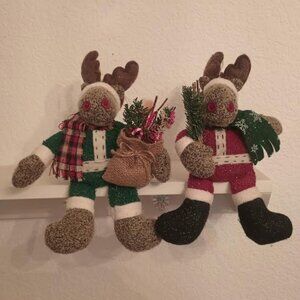 CHRISTMAS PLUSH WEIGHTED MOOSE SHELF SITTER OR ORNAMENT SET OF TWO NEW WITH TAG